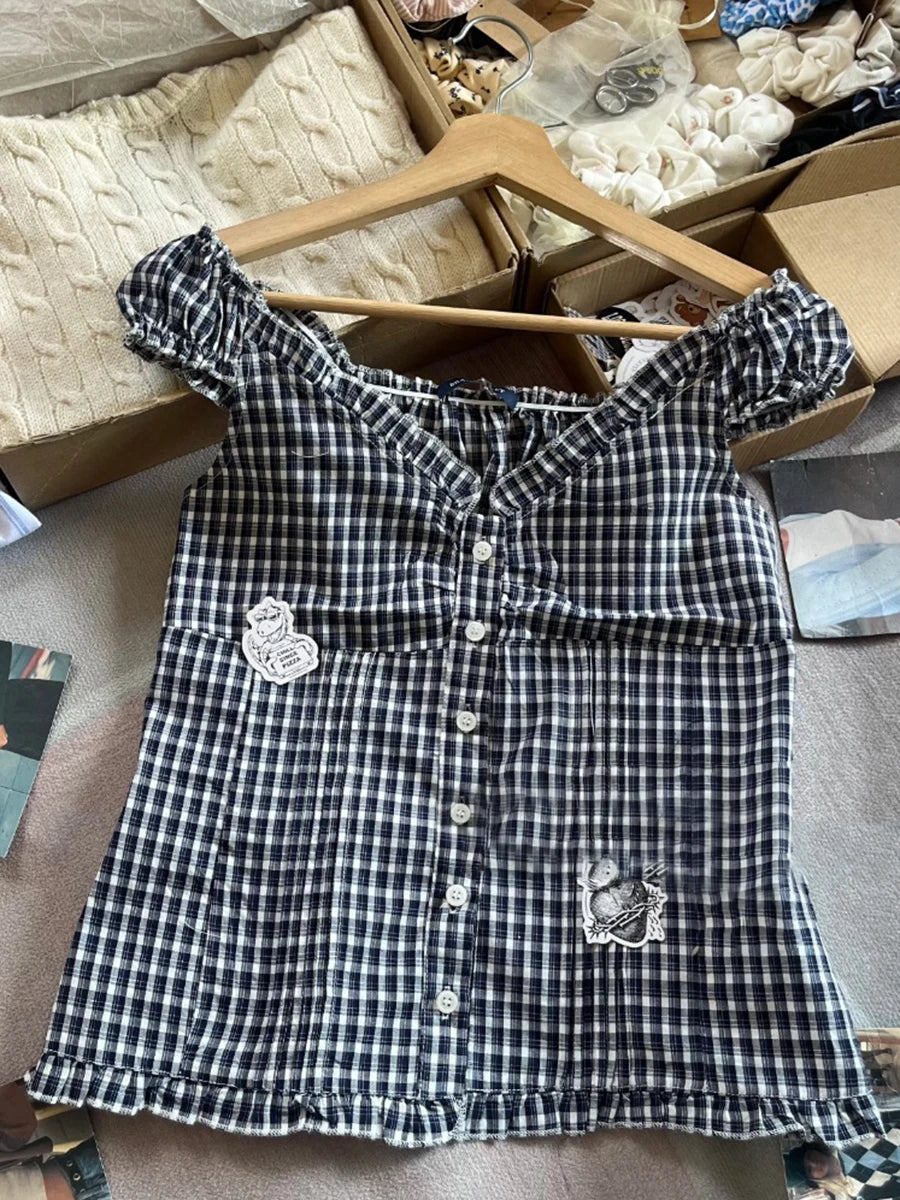 Folds Plaid Ruffle Sleeveless Blouse Top Women Streetwear Casual Single Breasted Tank Tops Cute Sweet Preppy Style Camisole Y2K