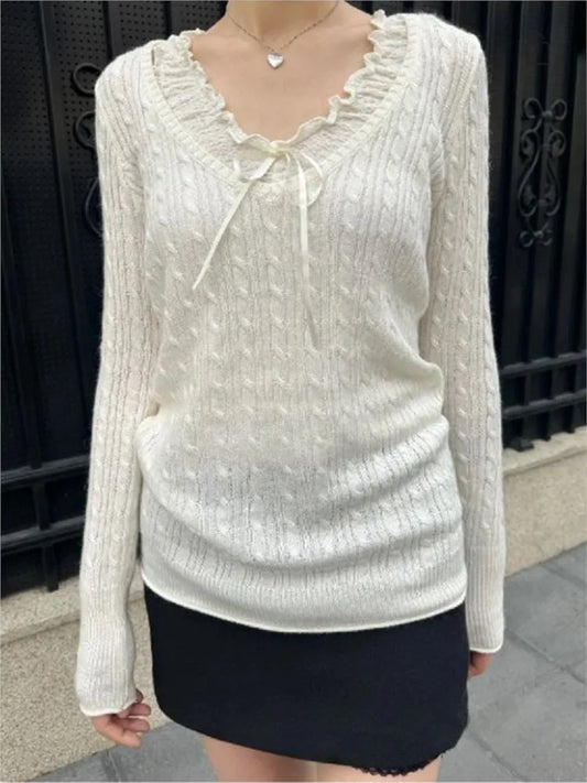 New Beige Twisted Flower Thin Knitted Sweater Women V-Neck Long Sleeve Jumpers Spring Sweet Cute Preppy Style Sweater Top