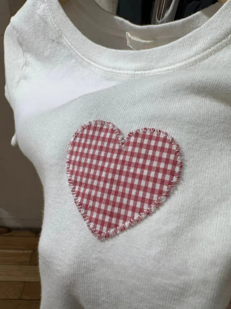 Sweet Plaid Heart Appliques T-shirt Women Summer Cotton O-neck Short Sleeve Tee Shirts Female Cute Preppy Style Tshirt Y2K Tops