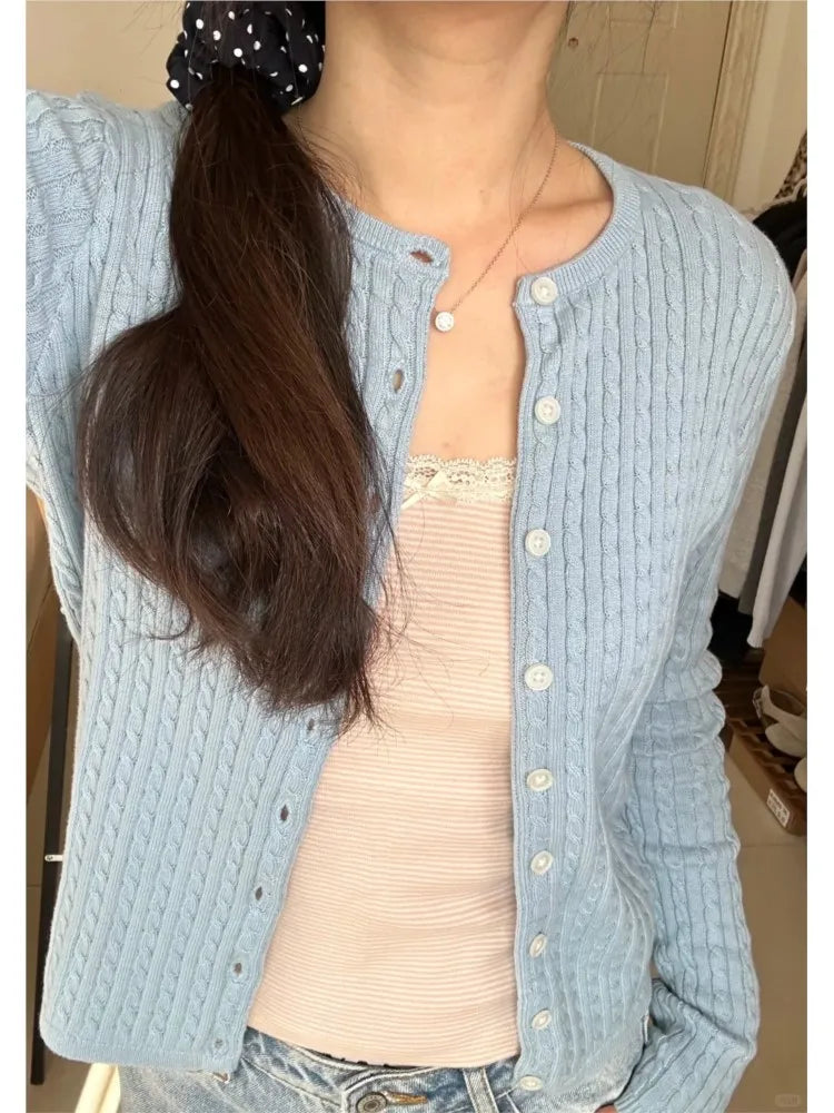 Light Blue Twsited Knitted Cardigan Women Spring Casual Simple Buttons Jumper Chic Preppy Style Sweet Sweaters Y2K