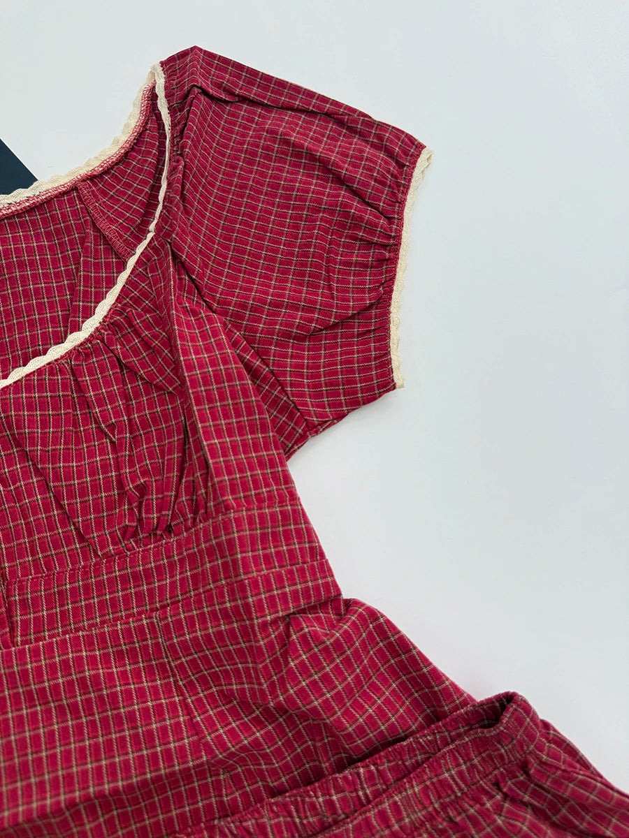 Sweet Red Plaid T-shirt Shorts 2 Piece Sets Women New Lace Trim Buttons Tees+ Casual Straight Sweatshorts Cute Casual Home Set