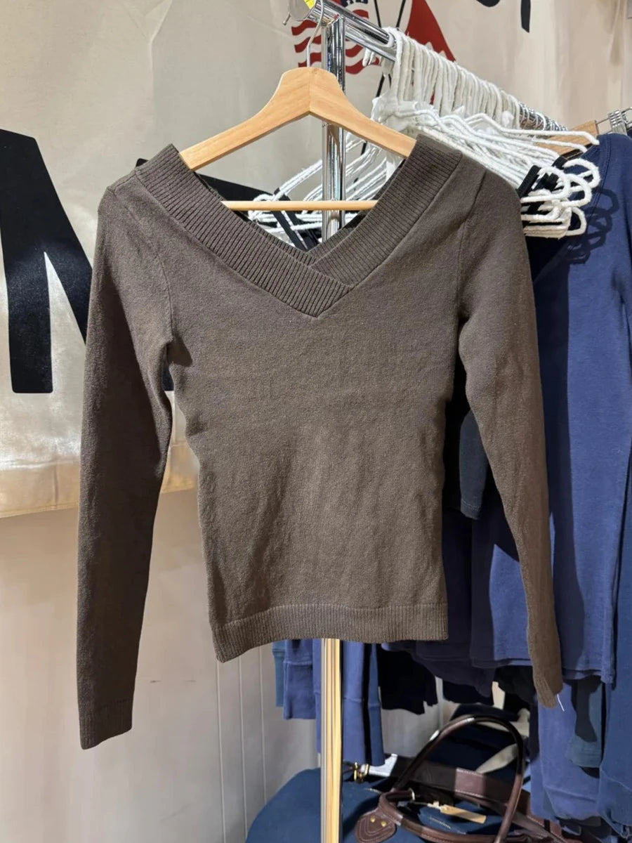 Brown Retro Knitted Long Sleeve Tees Women Autumn Cotton Simple Sexy V-neck Slim T-shirts Vintage Sweet All-match Tops Pullover
