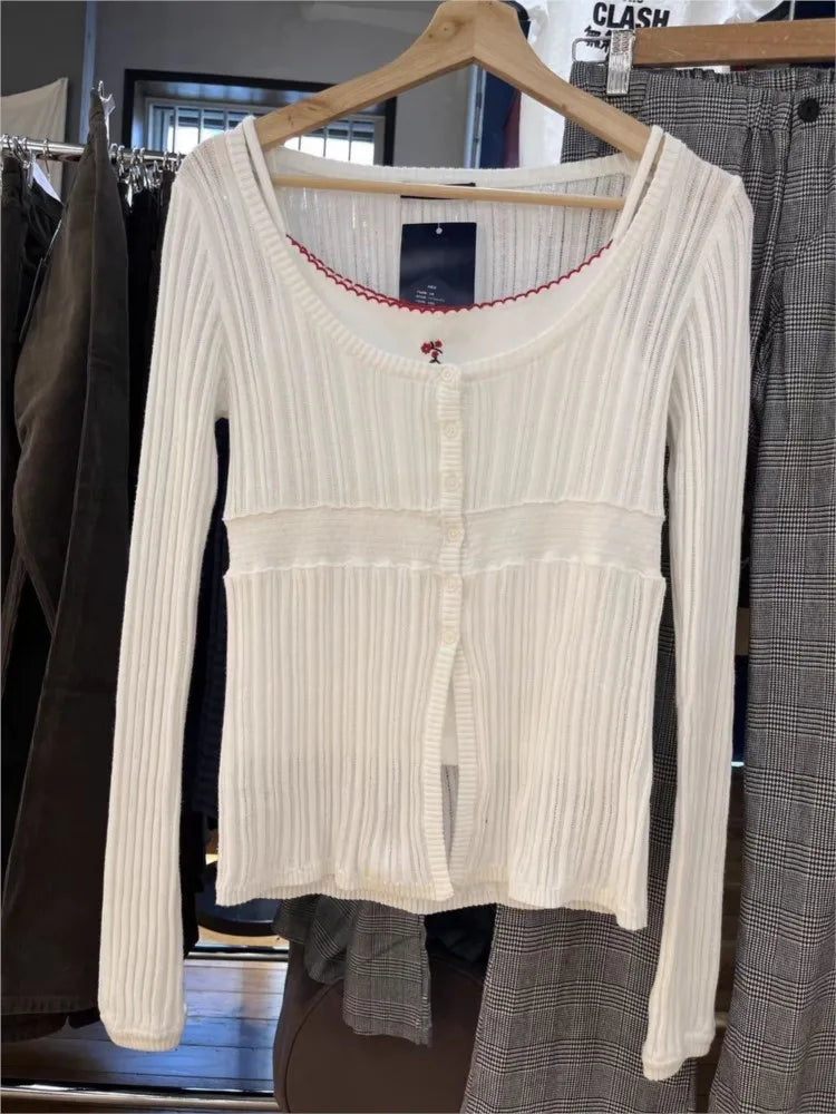 Sweet Knit Slim Long Sleeve T-shirt Women Spring New O-neck Single Breasted Cotton Hollow Out Tees Simple Casual T Shirt Y2K Top