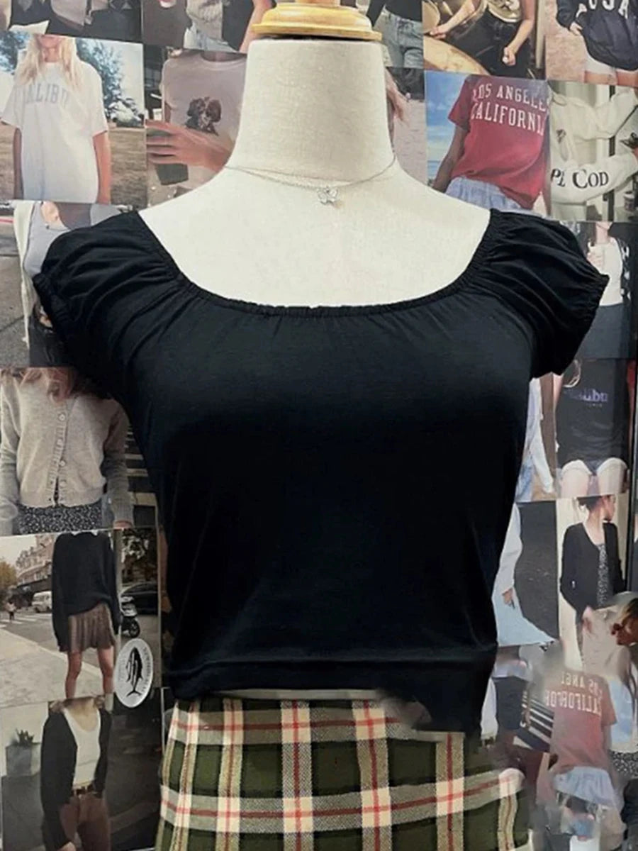 Mint Green Folds Slim T-shirts Women Summer Vintage Square Collar Cotton Puff Sleeve Tees Female Aesthetic Sweet Cute Y2K Tops