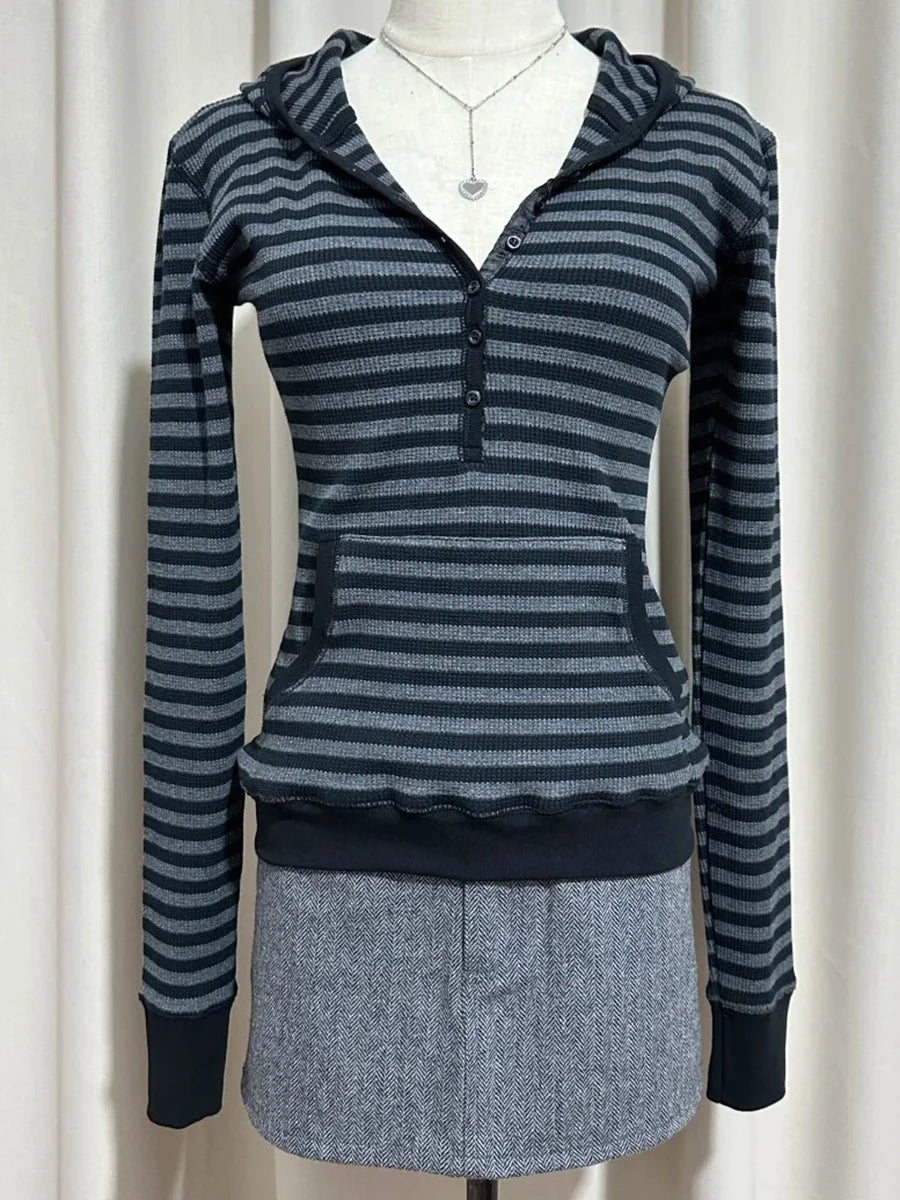 Waffle Hooded T-shirt Women Spring Streetwear Buttons Cotton Long Sleeve Slim Tee Shirts Vintage Preppy Style Tops Y2k