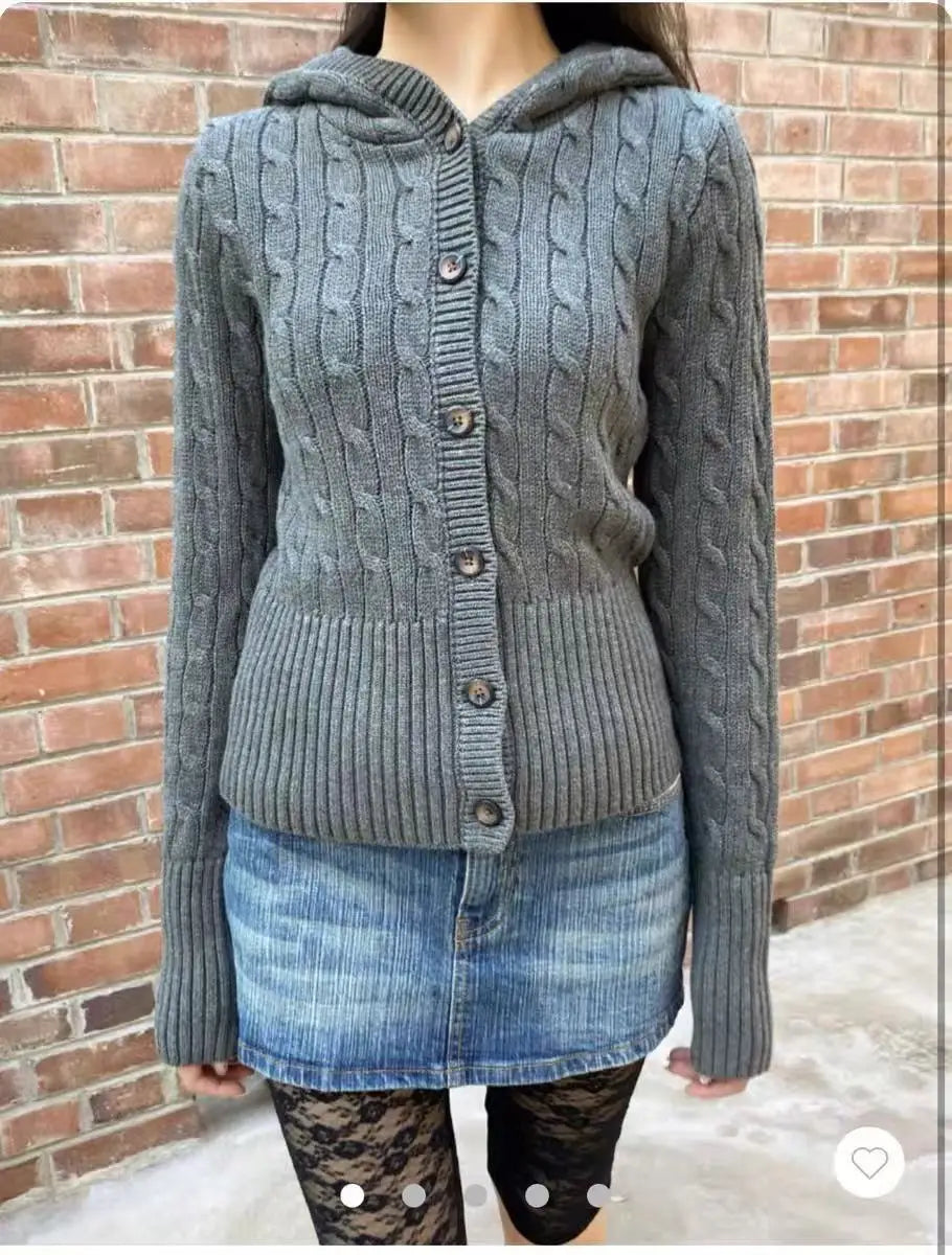 Twist Flower Beige Buttons Slim Sweater Women Autumn Pocket Hooded Long Sleeve Knitted Hoodie Sweet Preppy Style Simple Sweaters