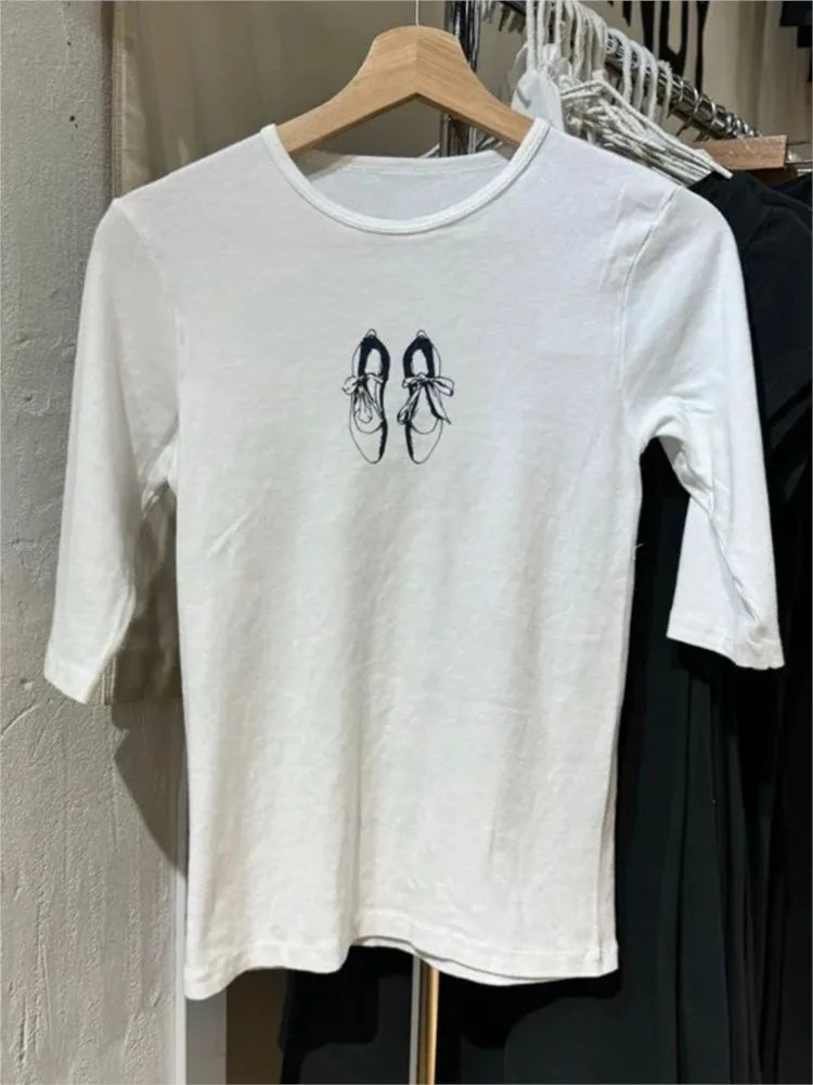 Sweet Ballet Shoes Print Half Sleeve T-shirt Women Autumn Cotton Round Neck Slim Tee Shirt Female Cute Preppy Style Y2K Crop Top