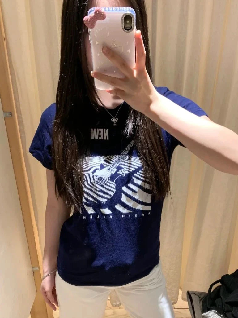 Navy Guitar Print Slim T-shirts Women Summer New Casual Streetwear O-neck Short Sleeve Tees Vintage Preppy Style Cotton Y2K Tops