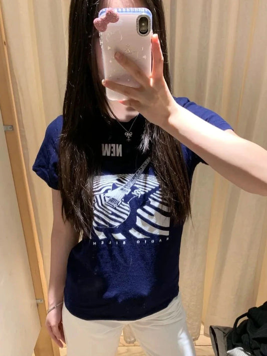 Navy Guitar Print Slim T-shirts Women Summer New Casual Streetwear O-neck Short Sleeve Tees Vintage Preppy Style Cotton Y2K Tops