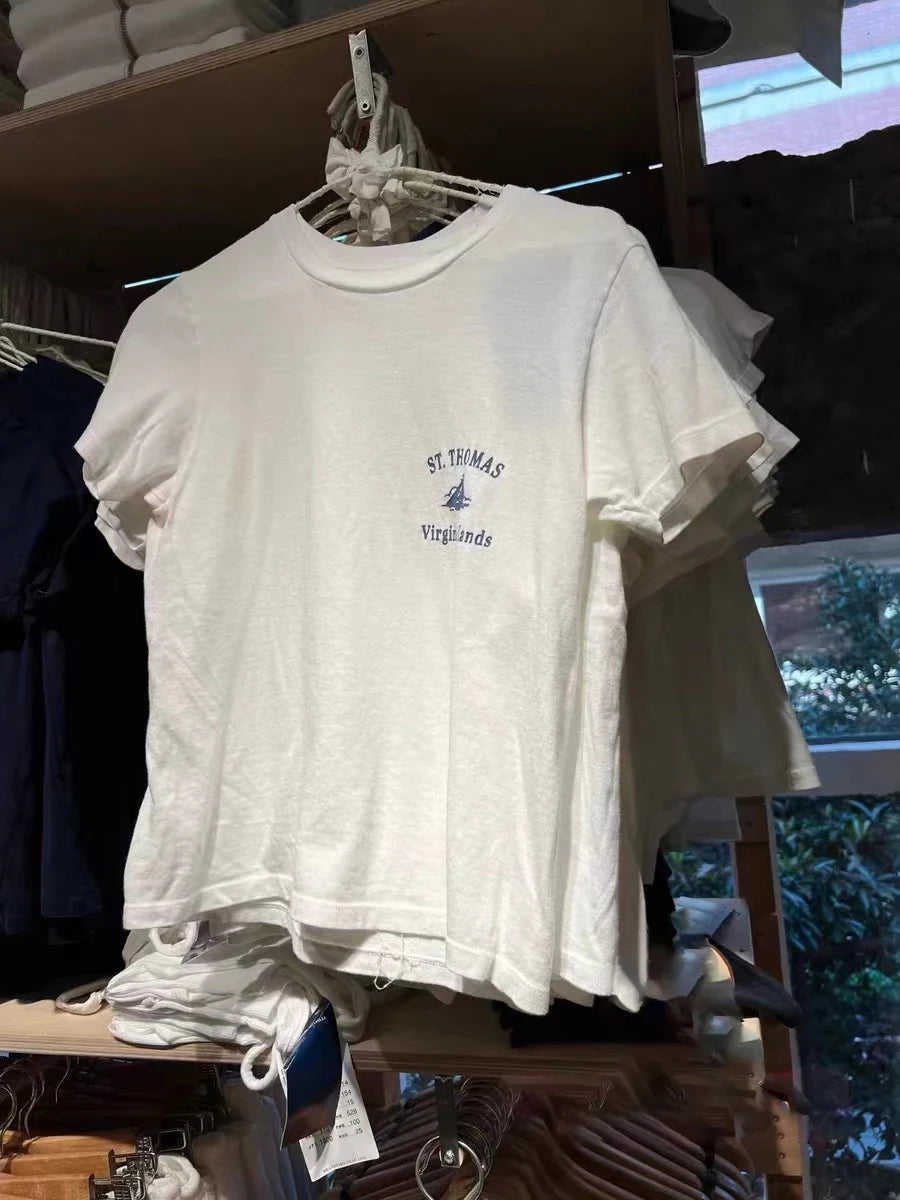 Letter Sailboat Print Solid Short Sleeve Tee Women Streetwear Cotton O-neck Loose Casual Crop Tops Fashion Vintage Y2K T-shirts