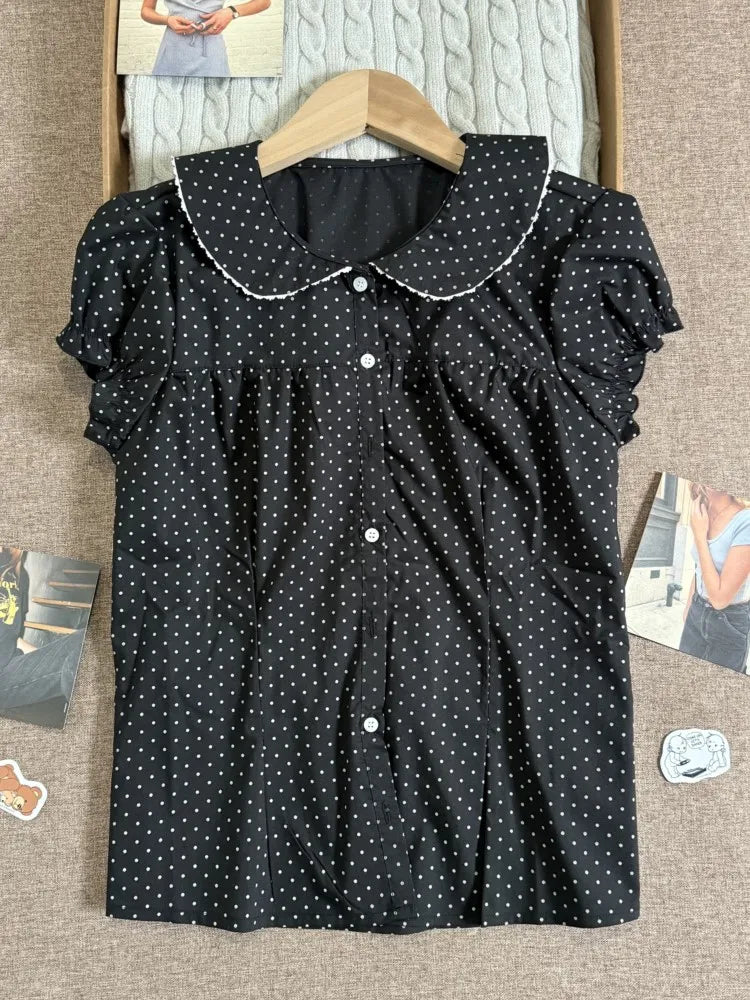 Black Polka Dot Peter Pan Collar Blouse Women Casual Streetwear Buttons Short Sleeve Tees Sweet Preppy Style T-shirts Y2K Tops