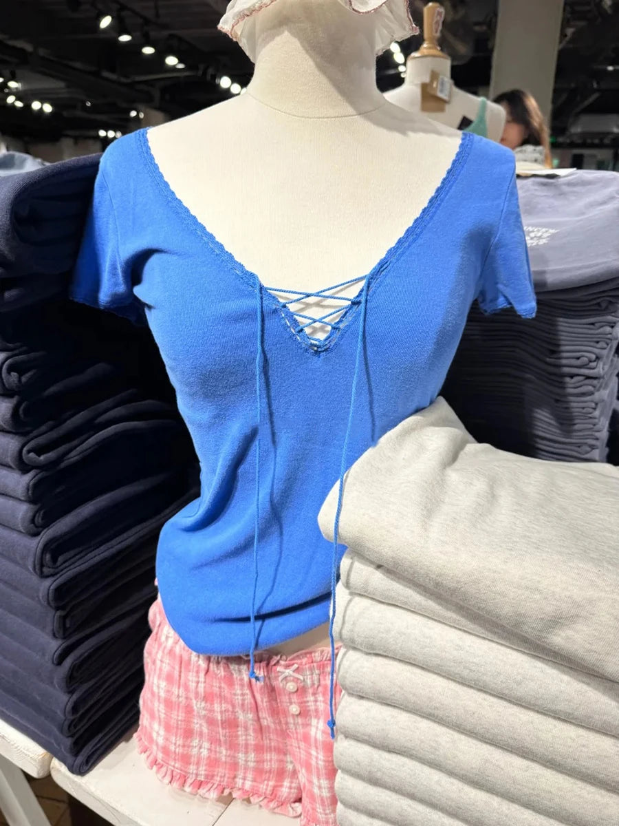 Electric Blue Lace Trim Slim T-shirts Women Streetwear Cotton Lace-up V-neck Short Sleeve Tees Sweet Vintage Simple Tshirts Y2K