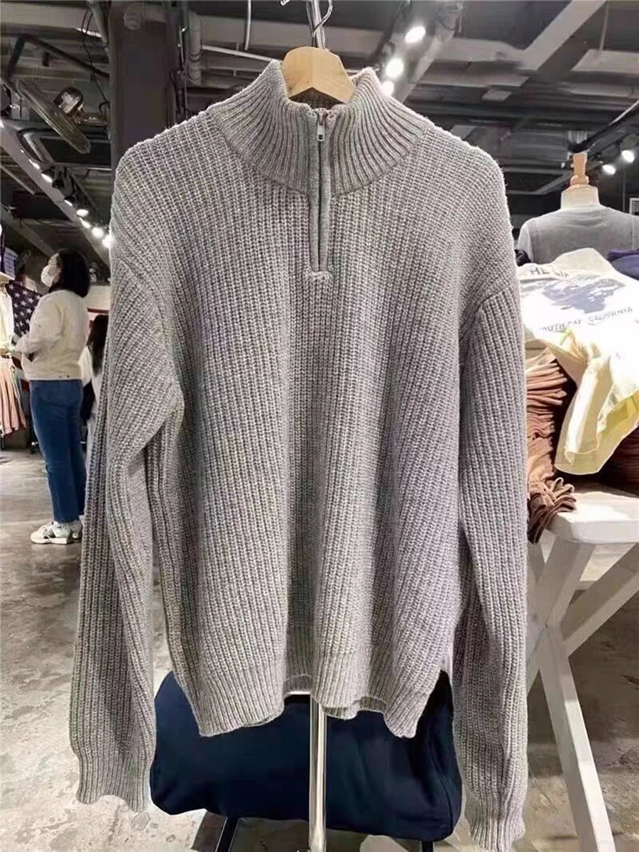Vintage Zipper Mock Neck Oversized Sweater Women Autumn Loose Long Sleeve Jumper Fashion Sweet Preppy Style Pullover Tops Y2K