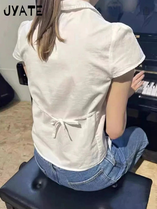White Back Lace-up Blouse T-shirts Women Summer Casual Preppy Peter Pan Collar Short Sleeve Tees Cute Sweet Slim Y2K Crop Tops