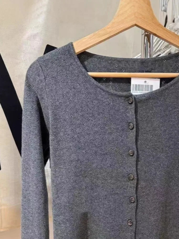Eyelet Drak Gray Cotton Cardigan Women Autumn Casual Streetwear  Buttons Knitted Long Sleeve Tees Simple Sweet Basic Tops New