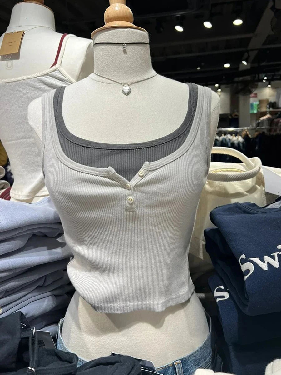Ribbed Slim Tank Tops Woman Summer Solid Simple Cotton Three Buttons Sleeveless Top Female Casual Vintage Streetwear Y2k Vest