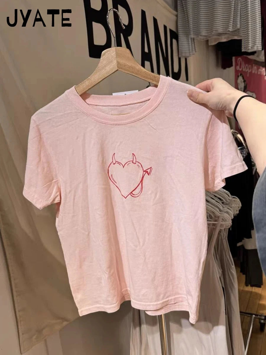 Red Heart Embroidery T-shirts Women Summer Cotton O-neck Casual Preppy Style Short Sleeve Tees Vintage Cute Sweet  Tops Y2K
