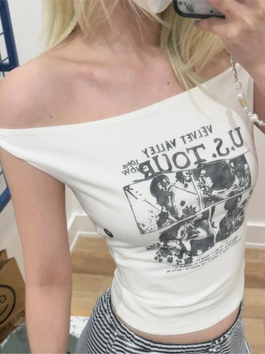Harajuku Guitar Print Slim T-shirts Women Summer Roll Hem Sexy Slash Neck Cotton Tee Tops Vintage Streetwear Y2K Crop Tops New