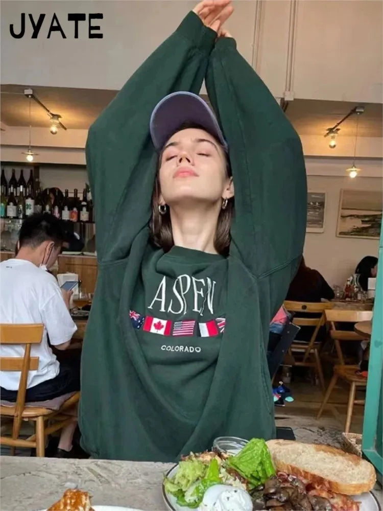 Fashion Letter Flag Embroidery Sweatshirts Women Casual High Quality Cotton O-neck Pullover Tops Vintage Loose Chic Y2K Hoodies