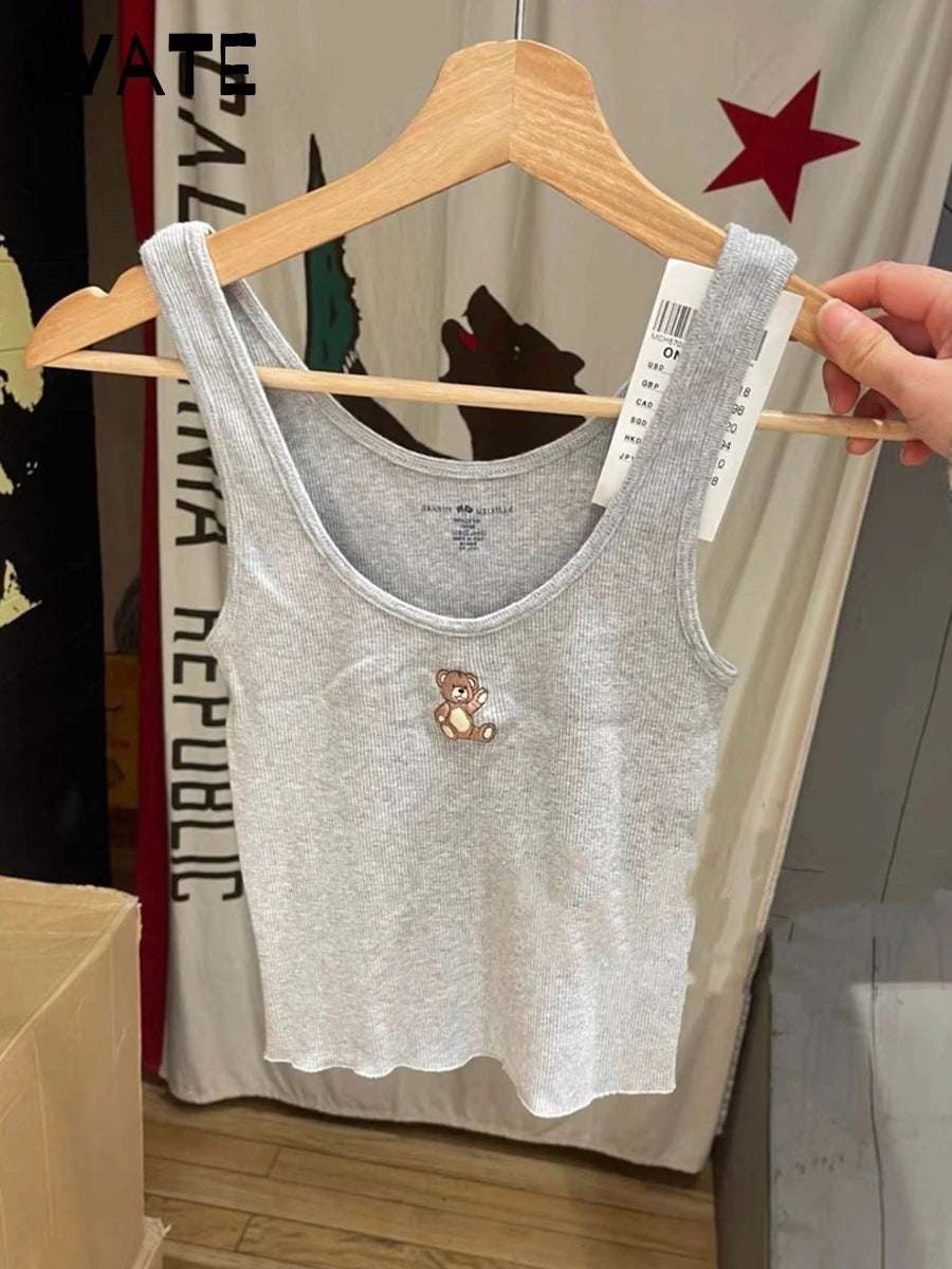 Fashion Little Deer Embroidery Tank Tops Women Summer New Cotton Slim U-neck Slim Cropped Vests Sweet Chic Casual Camisole Y2K