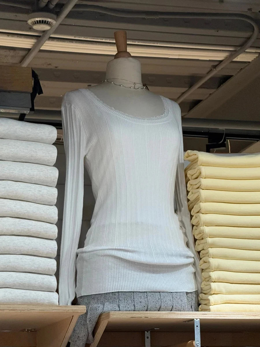 Autumn New White Knit Slim Long Sleeve Tees Women Fashion U-neck Cotton Soft T-shirt Cute Preppy Style  Casual T Shirt Y2K Top
