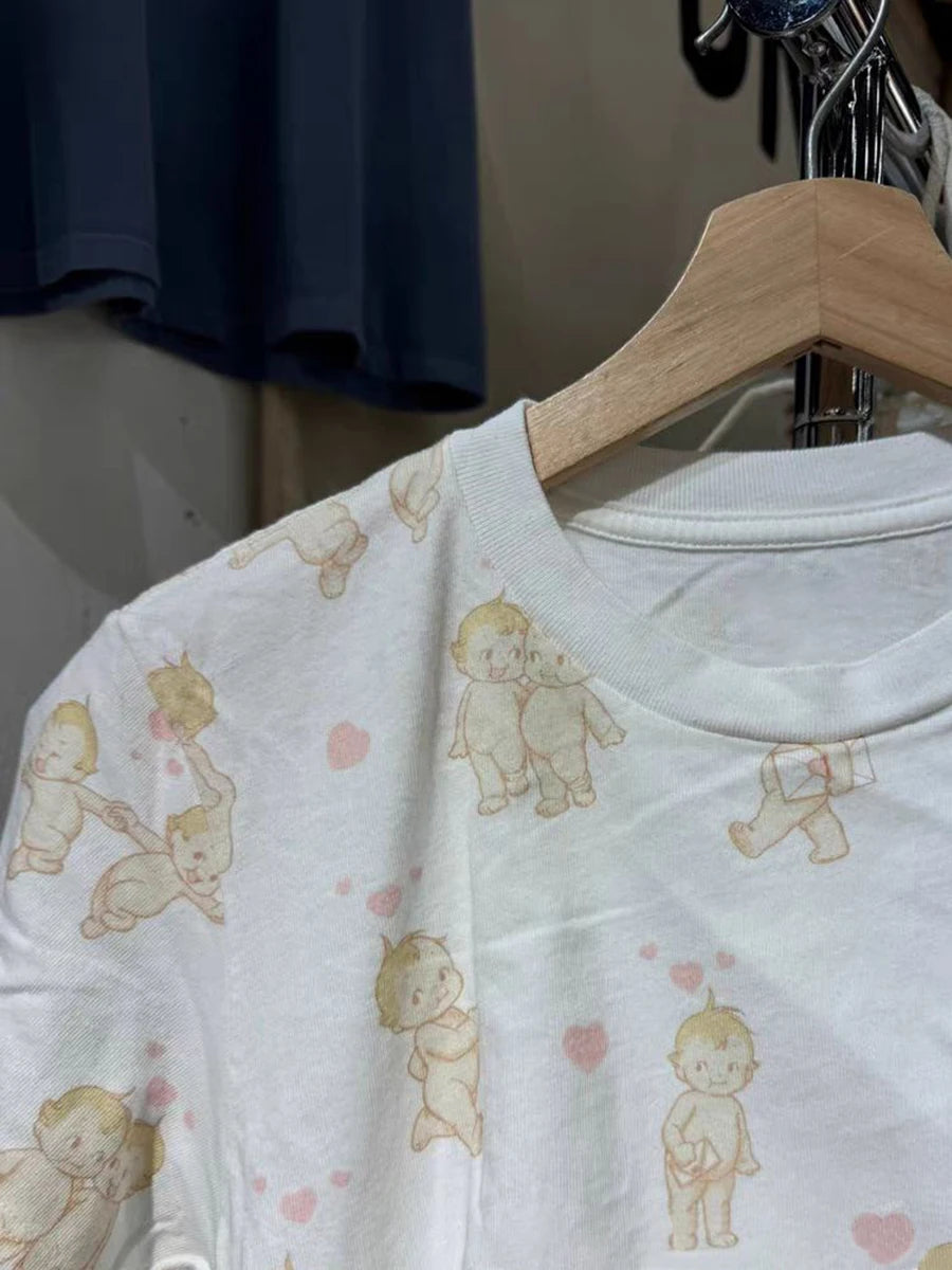 Angel Print T-shirt Pant Pajama Set Woman Short Sleeve Tee+Drawstring Straight Trousers Sweet Cute Cotton Home 2 Piece Sets