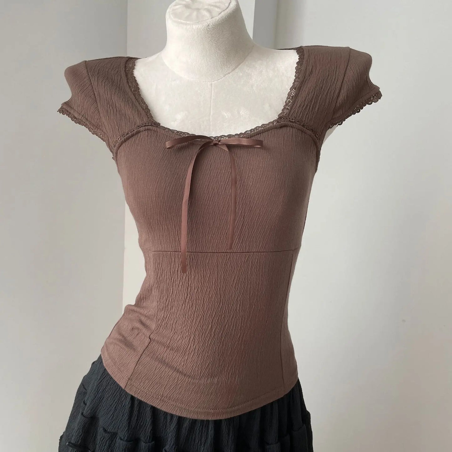 Lace Trim Square Neck T-shirts Women Summer New Casual Slim Bow Folds Texture Short Sleeve Tees Sweet Cute Preppy Style Tops Y2K
