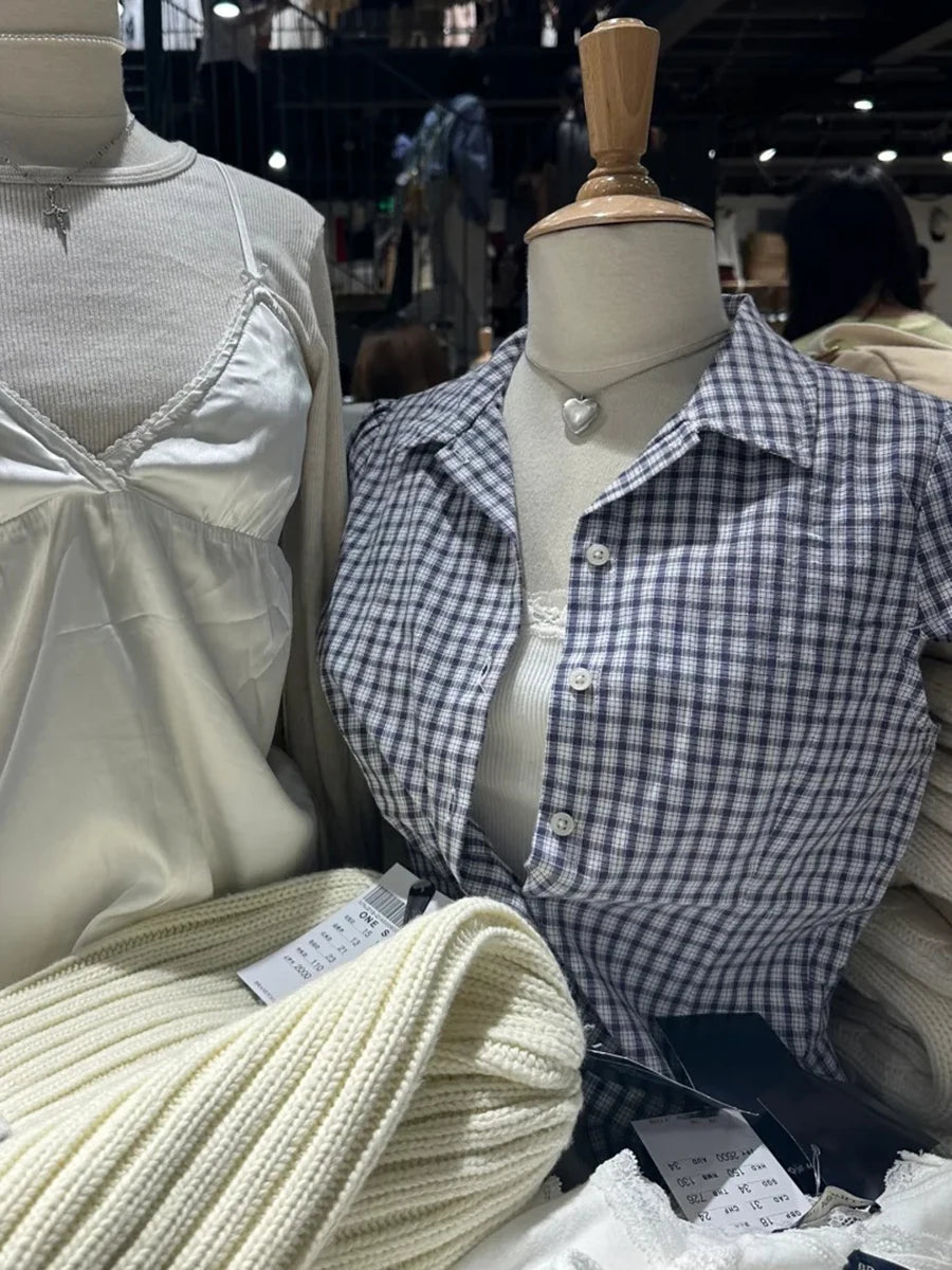 Vintage Plaid  Lapel Blouse Top Women Summer Casual Preppy Style Buttons Short Sleeve Tees Sweet Cute Retro T-shirts Y2K Tops