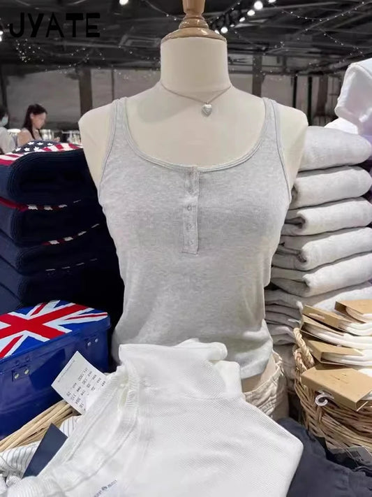 Simple Basic Gray Five Buttons Tank Tops Women Summer New Slim Casual Cotton Crew Neck Vests Retro Harajuku Chic Y2K Camisole