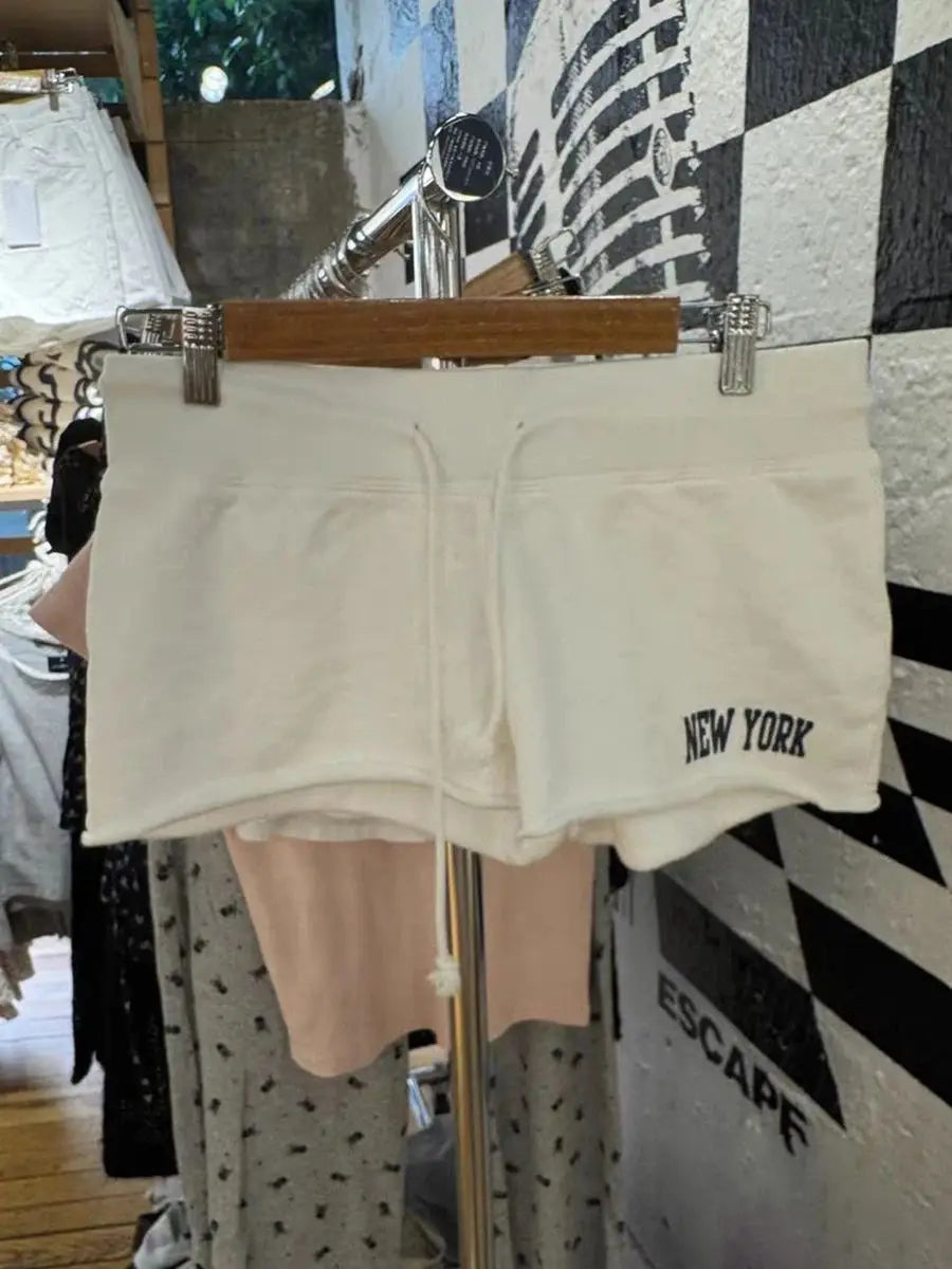 White Letter Embroidery Sweatshorts Woman Summer Low Waist Drawstring Straight Short Pant Female Casual Sweet Sport Shorts