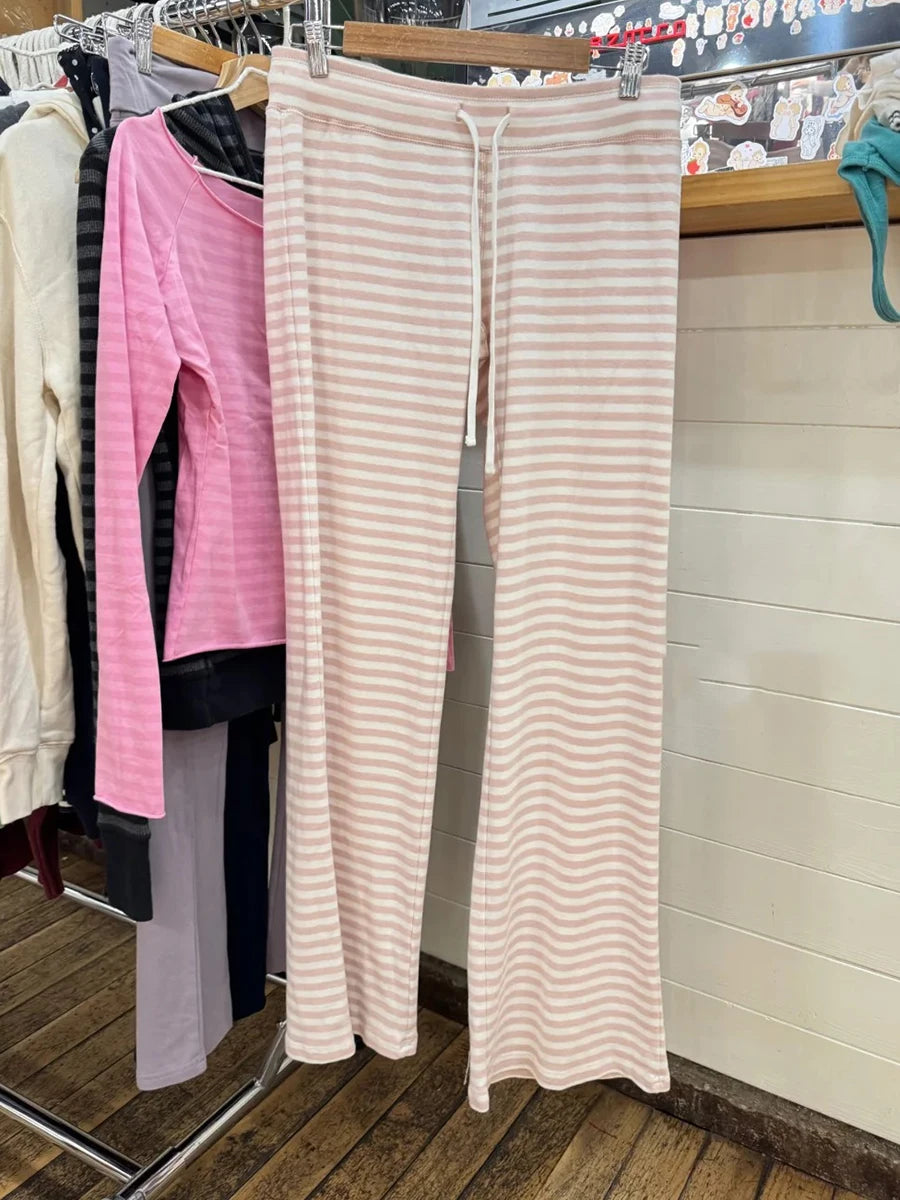 Sweet Pink Striped Drawstring Wide Leg Pants Women Autumn Cotton Soft High Waist Casual Sweatpant Chic Preppy Style Y2K Trousers