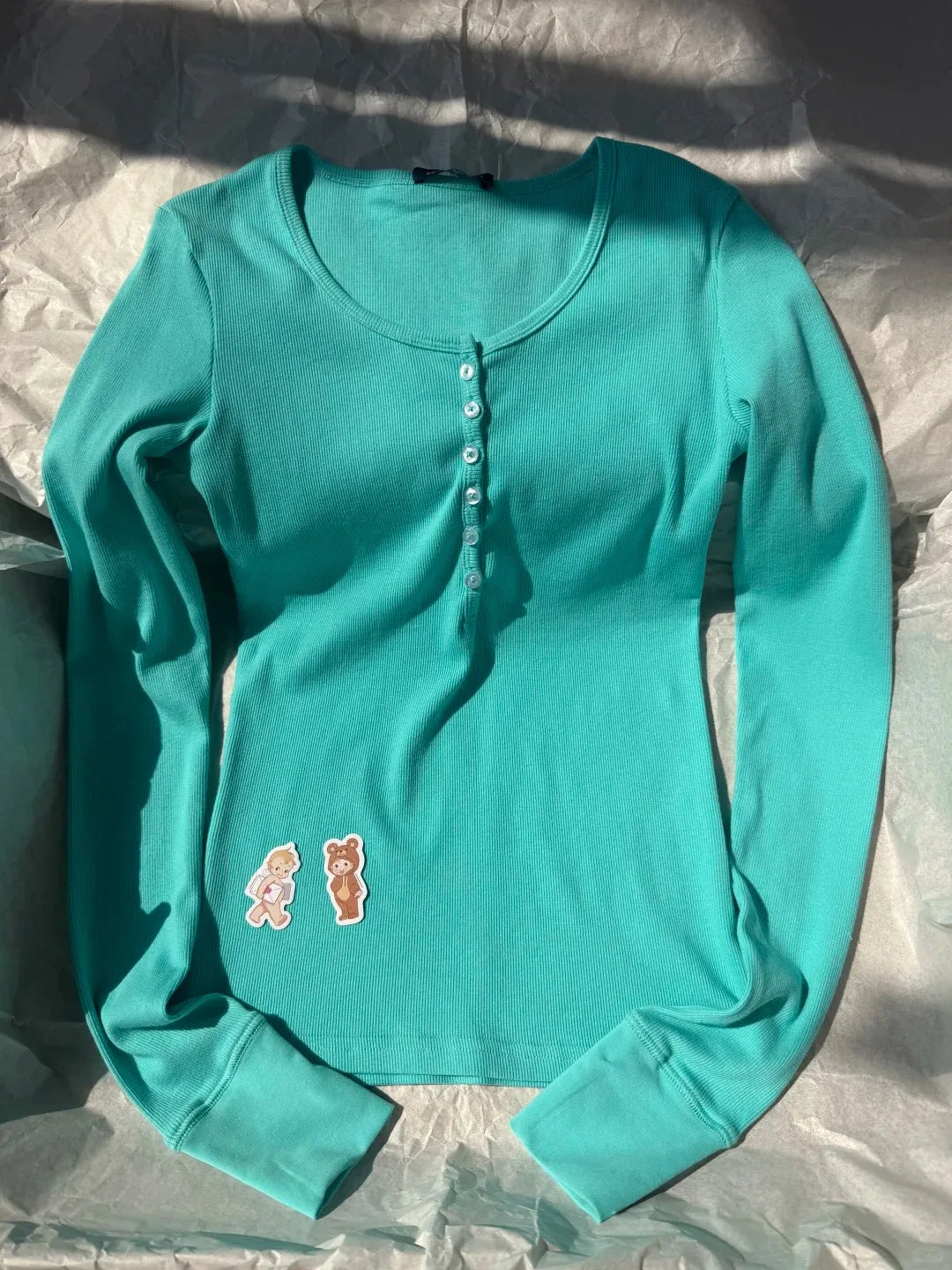 Green Vintage Ribbed Long Sleeve Tee Women's Autumn Six Button Cotton Casual Patchwork Slim T-Shirts Simple Chic Streetwear Tops