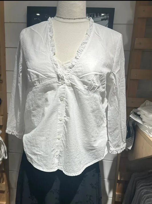 White Ruffles  Single Breasted T-Shirt Blouse Women Summer V-neck Haft Sleeve Tee Shirts Simple Sweet All-match Thin Tshirts New