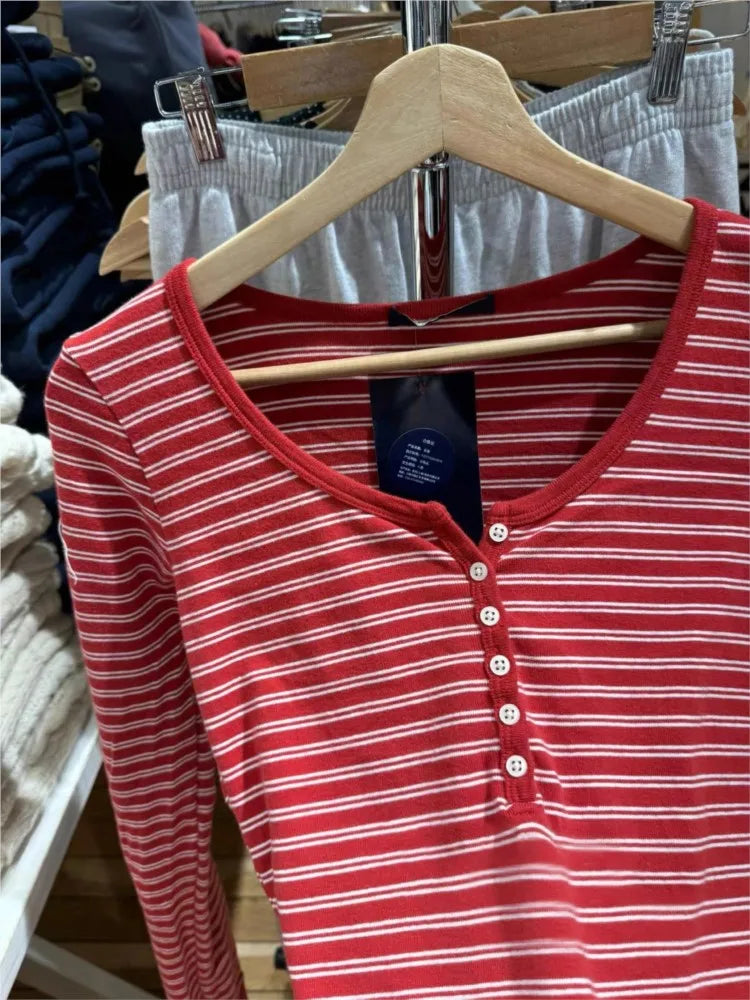 Autumn Red Striped Patchwork Long Sleeve Tees Women Casual Chic Cotton Buttons T-shirt Sweet Preppy Style Slim Tshirt Y2K Tops