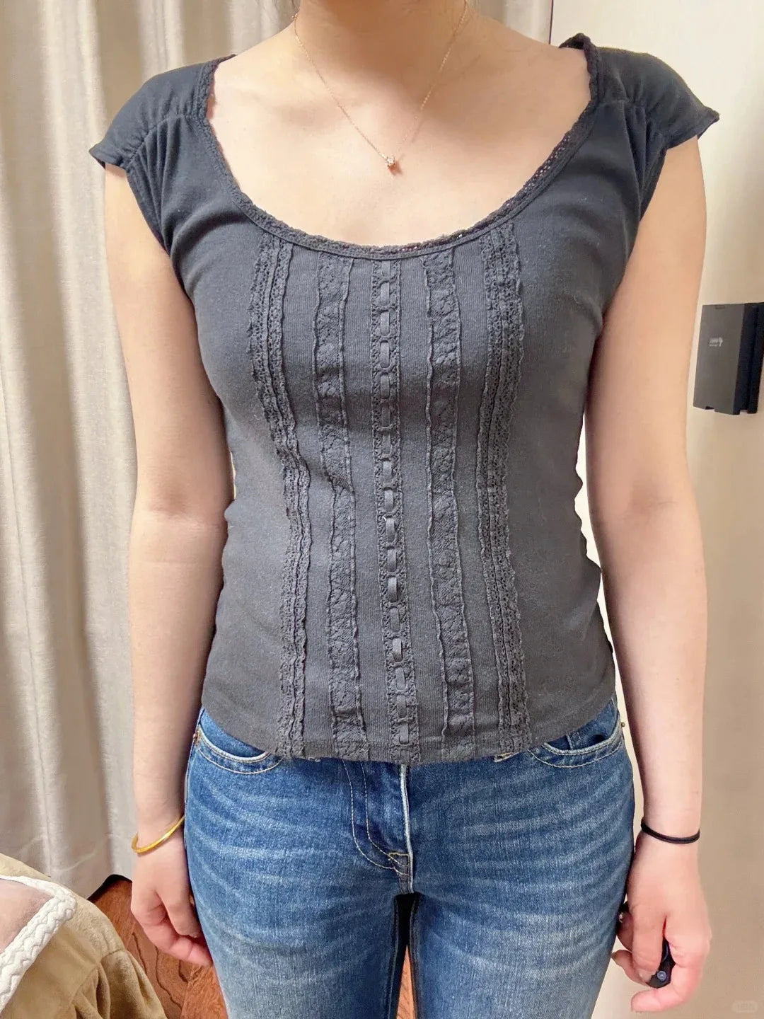 Black Lace Trim Crop Tops Women Summer Harajuku Cotton Slim Crew Neck Short Sleeve Cropped Tees Vintage Streetwear T-shirts Y2K