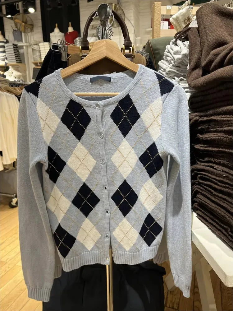 Diamond Jacquard Button Sweater Coat Women Autumn New Casual Slim Cotton O-neck Casual Jumper Tops Sweet Preppy Style Cardigan