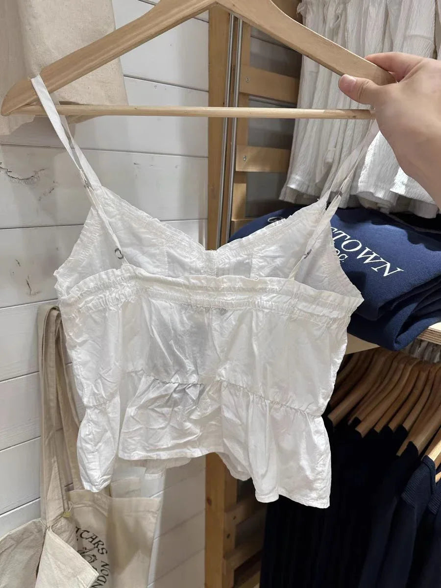 New Ruffles White Slim Crop Top Women Summer Sexy V-neck Buttons Cotton Sleeveless Cropped Camis Vintage Sweet Tank Tops Y2K