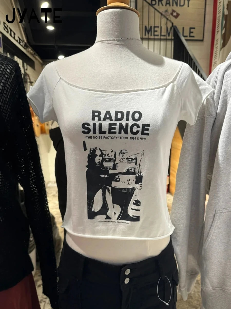 Radio Print Slash Neck Crop Tops Women New Cotton Slim Streetwear Raw Hem Short Sleeve Tee Harajuku Vintage Y2K T-shirts