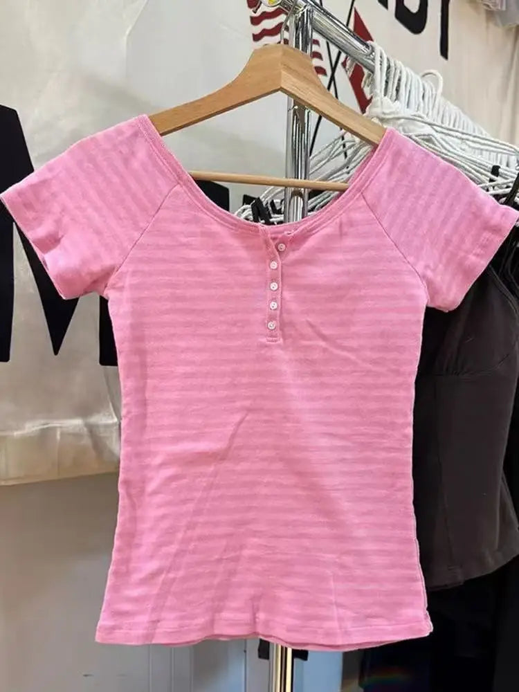 Pink Striped Slim Buttons T-shirts Women New Cotton O-neck Casual Simple Basic Short Sleeve Tees Sweet Cute Girls Tshirt Y2K Top