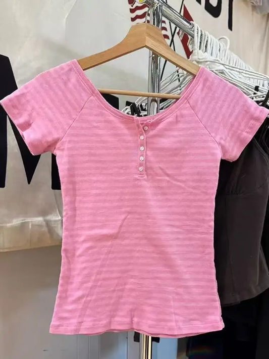 Pink Striped Button T-shirts Women Summer Cotton Slim Preppy Style Cute Crew Neck Short Sleeve Tees Sweet Fashion Y2K Tshirt