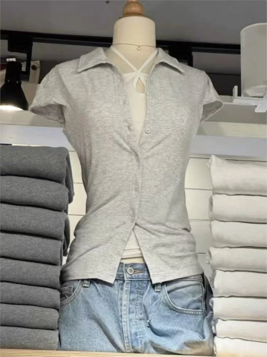 White Buttons Short Sleeve Tees Women Summer Cotton Soft Turn Down Collar Preppy Style Tops Blouse Sweet Chic All-match T-shirts