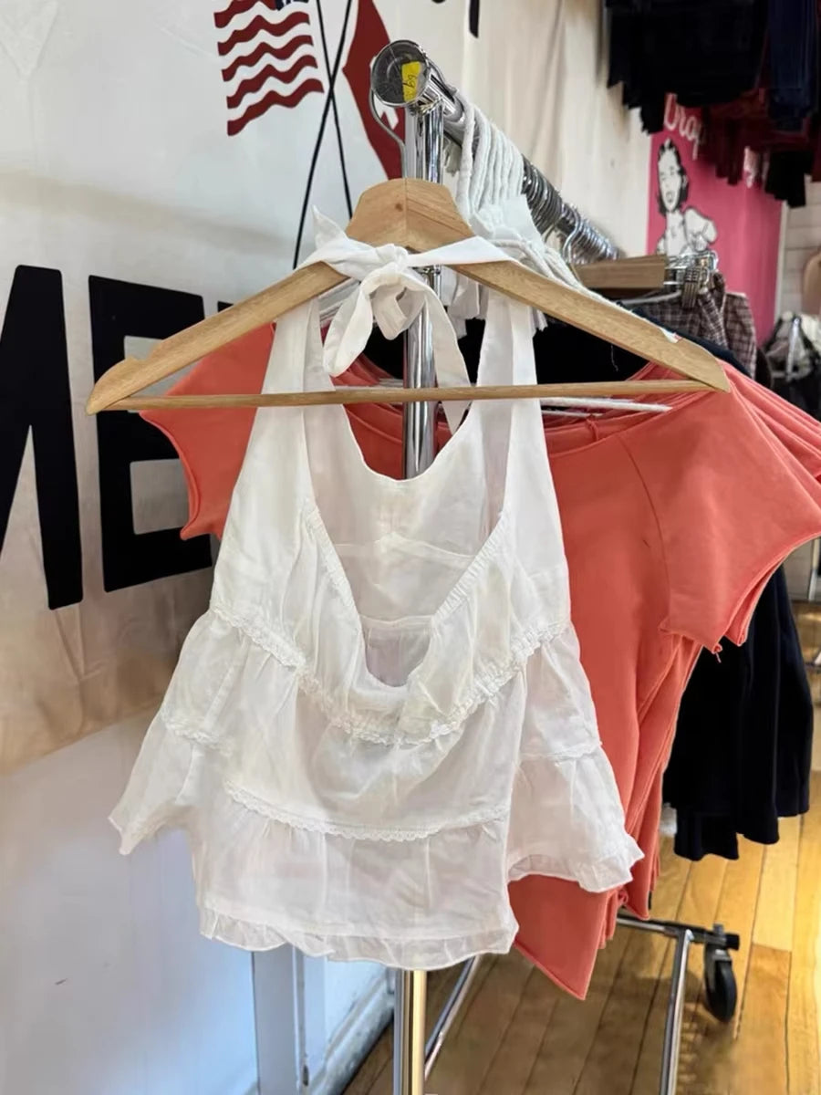 Lace Ruffles White Halter Tops Woman Summer Simple V-neck Sleeveless Cotton Cropped Camisole Cute Sweet Backless Slim Crop Top