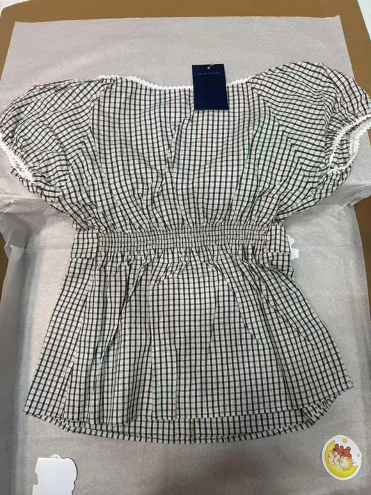 Vintage Gray Plaid Short Puff Sleeve Tee Women Three Button Square Neck Lace Trim T-Shirt Blouse Sweet Cute Retro Crop Tops New