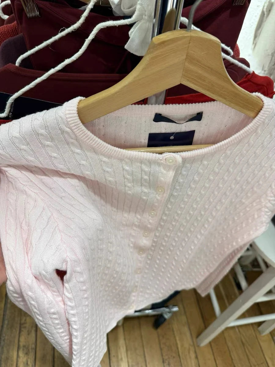 Pink Twist Cotton Long Sleeve Knitted Cardigan Women Simple O-neck Casual Preppy Style Jumper Sweet Prepppy Style Sweater Top