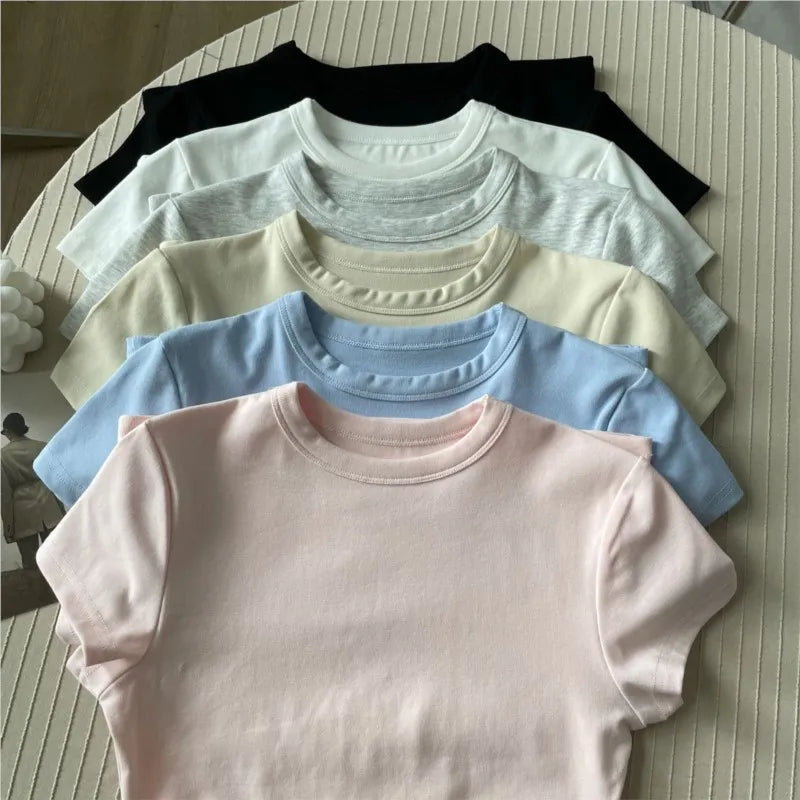Pink O-neck Cotton T-shirts Women Summer New Streetwear Casual Basic Slim Short Sleeve Tees Simple All-match Tshirt Y2K Tops