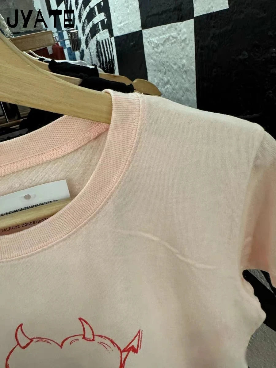 Sweet Pink Devil Heart T-shirts Women Summer New Cotton O-neck Casual Preppy Style Short Sleeve Tees Vintage Cute Chic Tops Y2K