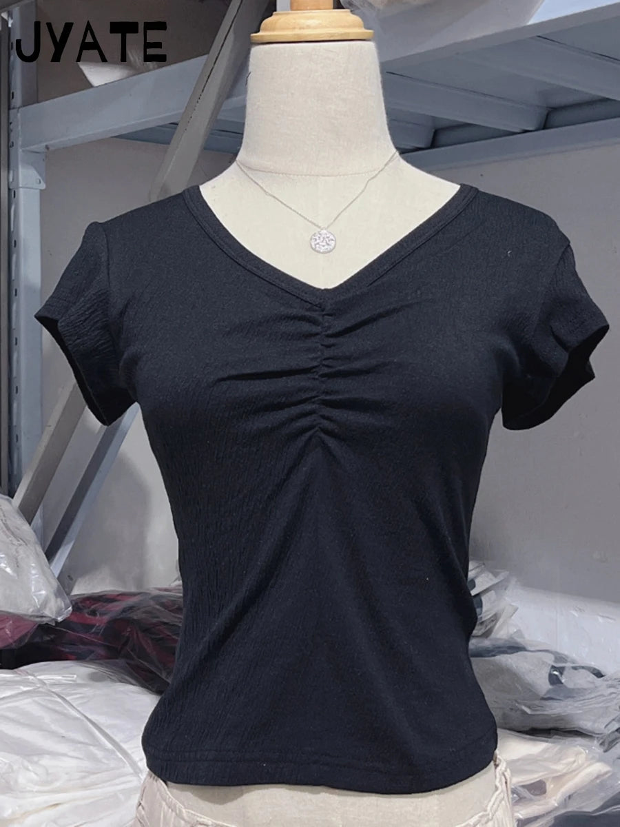 Black Folds V-neck Slim Short Sleeve Tees Women Summer New Streetwear Cotton Casual Tops Sweet Vintage Preppy Style T-shirts Y2K