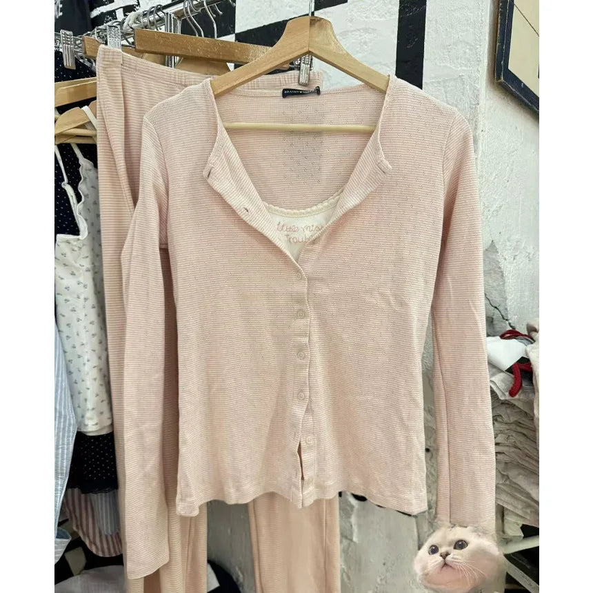 Blue White Striped Eyelet T-shirt Women O-neck Single Breasted Cotton Long Sleeve Tee Cute Sweet Preppy Style Slim Tops Tshirt