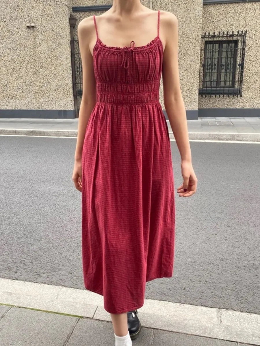 Retro Red Plaid Ruffles Camisole Dress Women High Waist Backless Lace-up Sleeveless Long Dresses Vintage Cute Sweet Y2K Vestidos