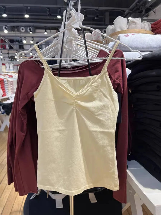 Yellow Folds V-neck Bow Black Tank Tops Women Summer All-match Cotton Sleeveless Slim Camisole Vintage Sweet Cute Crop Top Y2K